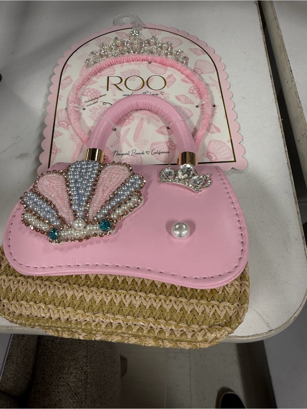 Kids Pink Beaded Shell Handbag with Tiara Headband